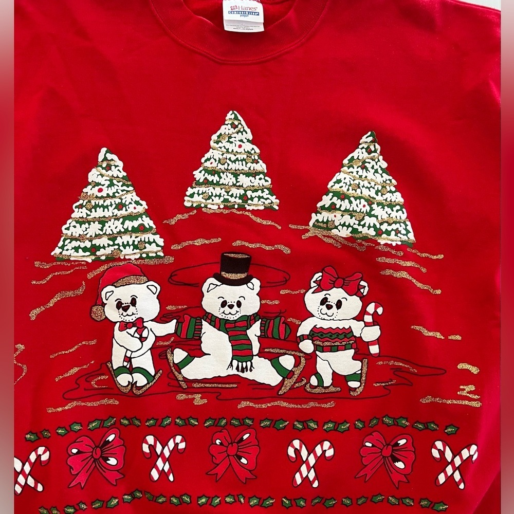 Vintage Hanes Christmas Ugly Sweatshirt Teddy Bear Holiday Crewneck (Adult L) - Picture 3 of 6